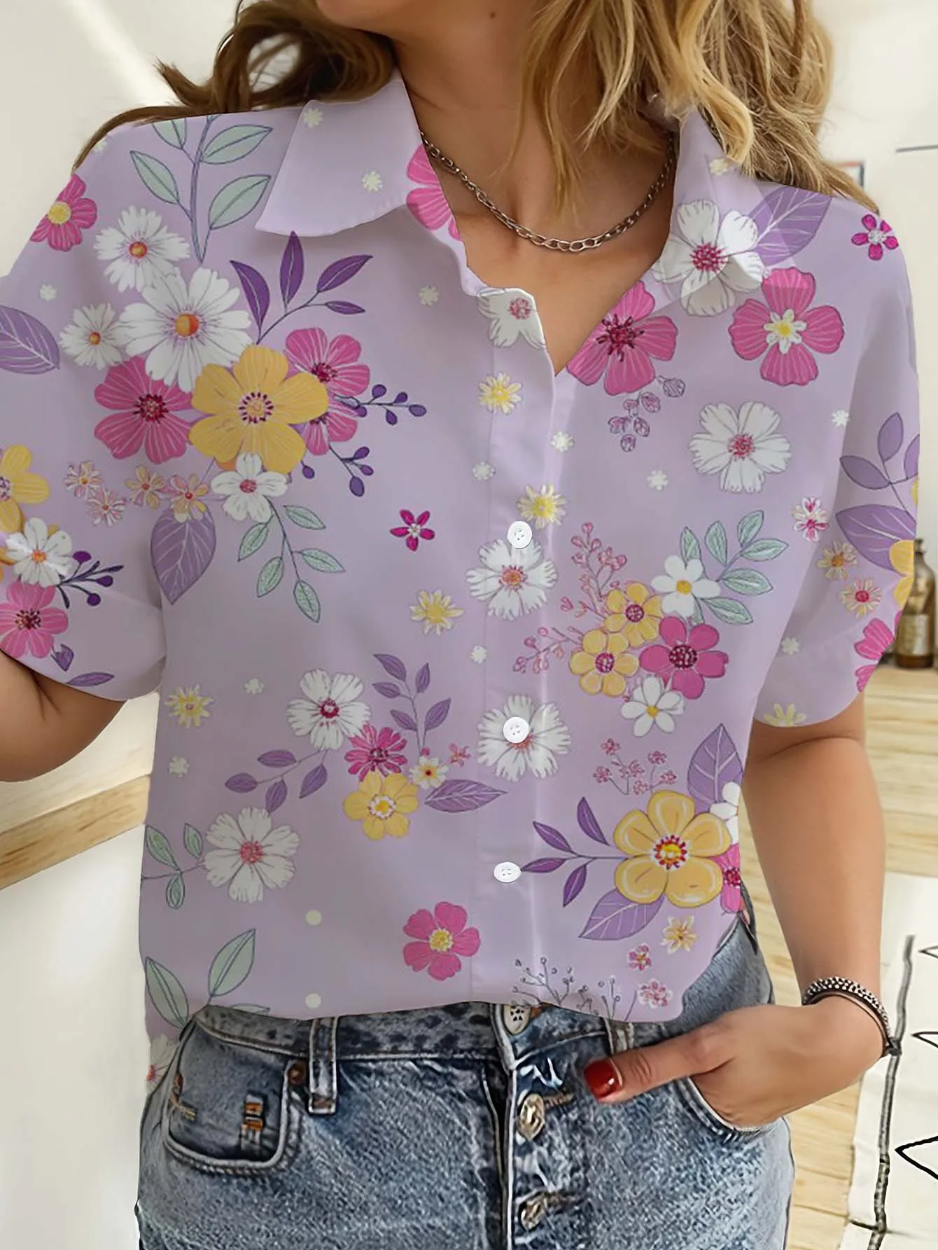 Romper Floral Print - هاواي المرأة قمصان قصيرة الأكمام زر