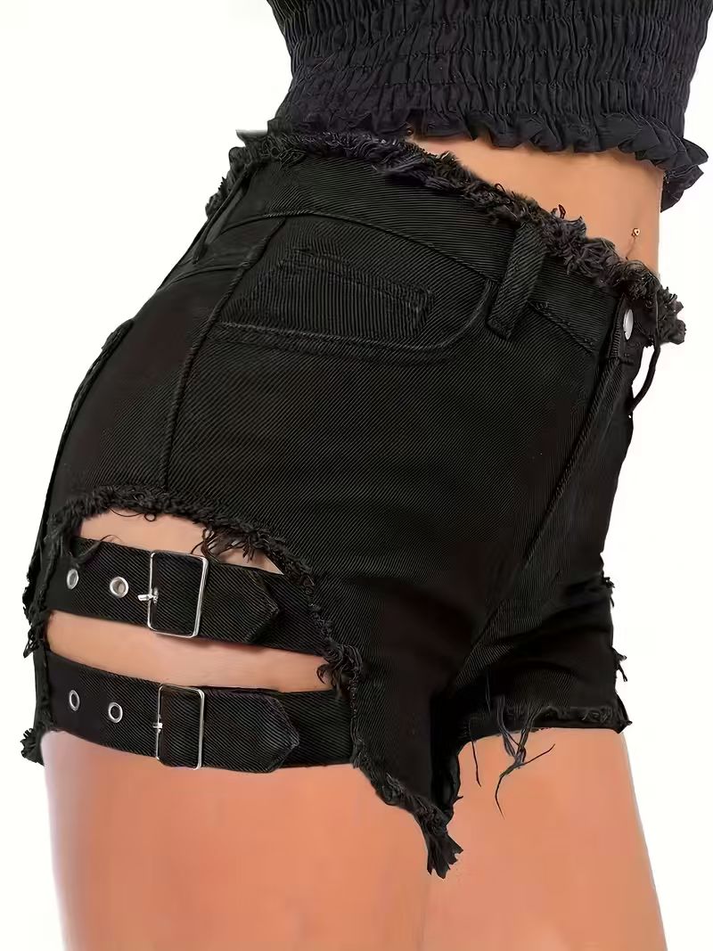 شورت جينز أسود نسائي بخصر منخف - مراجعة Shorts Denim Frayed وسعره