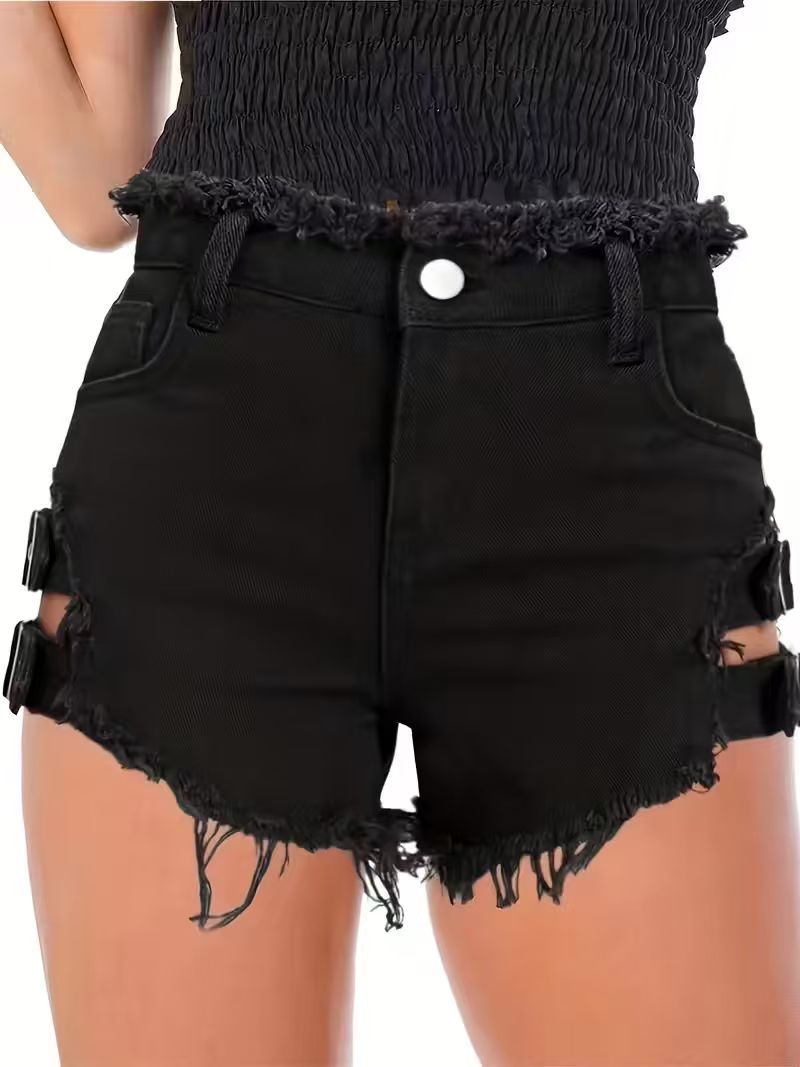 شورت جينز أسود نسائي بخصر منخف - مراجعة Shorts Denim Frayed وسعره